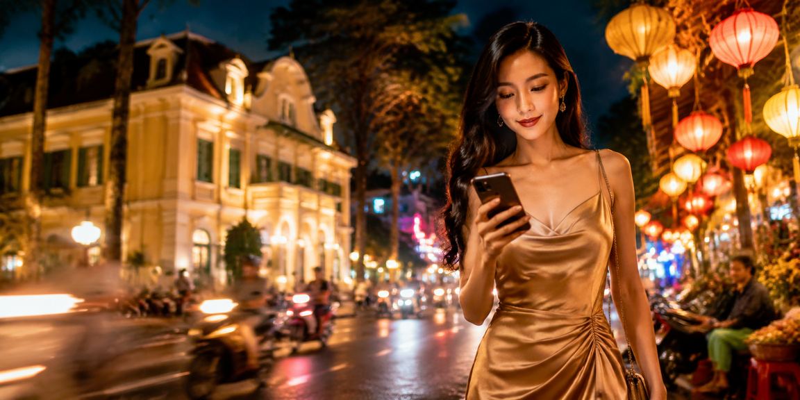 Người chơi đăng nhập tài khoản p14s trên điện thoại tại Đà Lạt về đêm